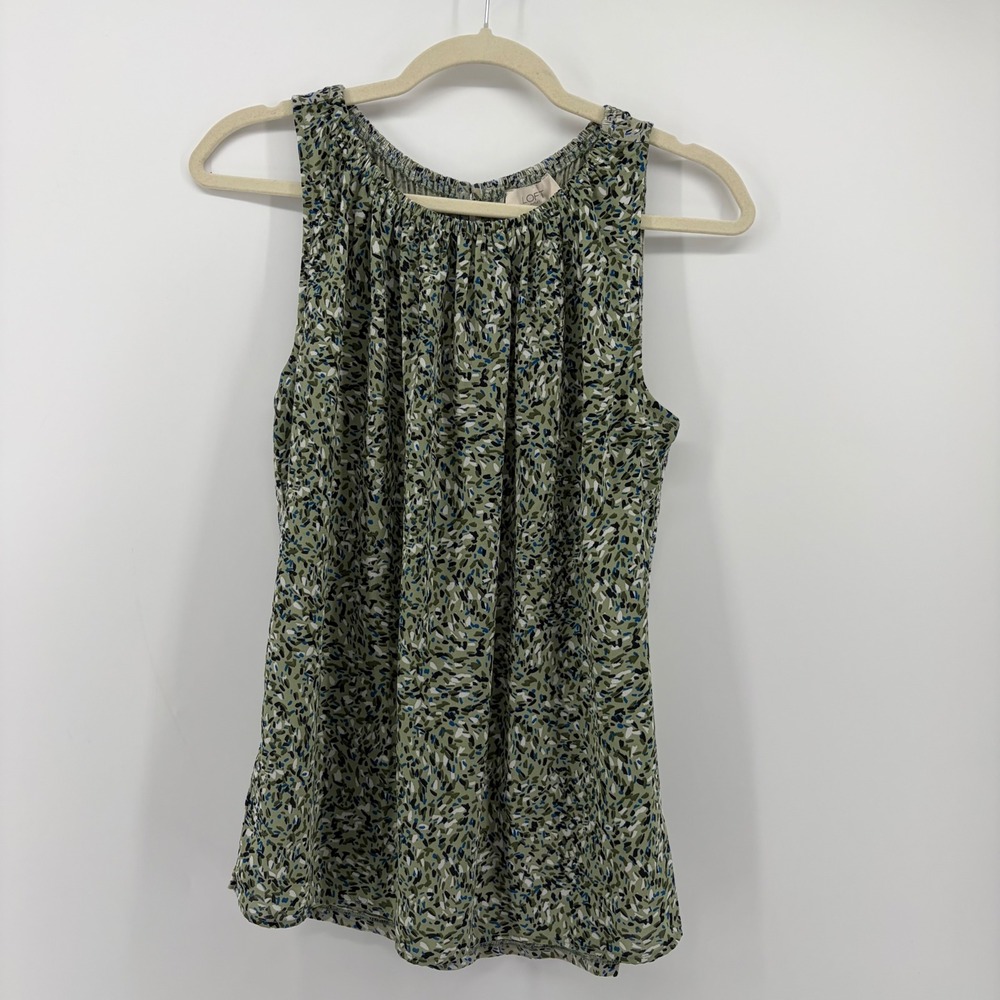 Loft‎ Womens Small Green Abstract Print Sleeveless Gathered High Neck Shell Top